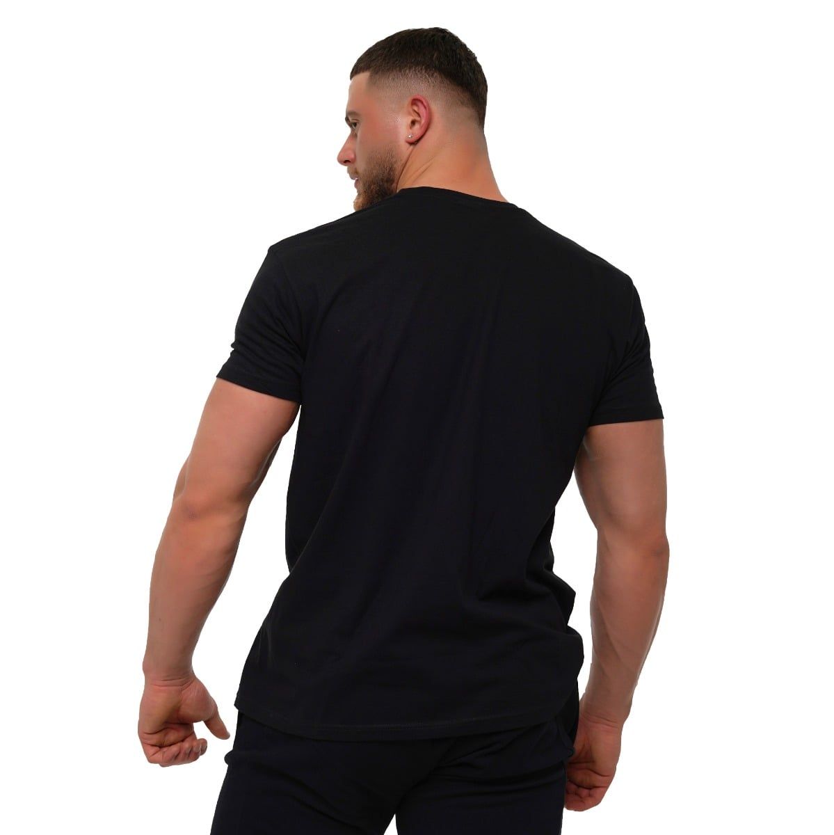 Vista posteriore di un t-shirt nera GymBeam da uomo.