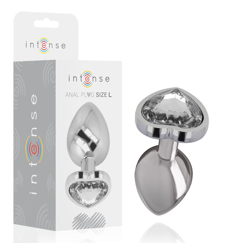 Confezione e plug anale in metallo a forma di cuore con cristallo, taglia L.