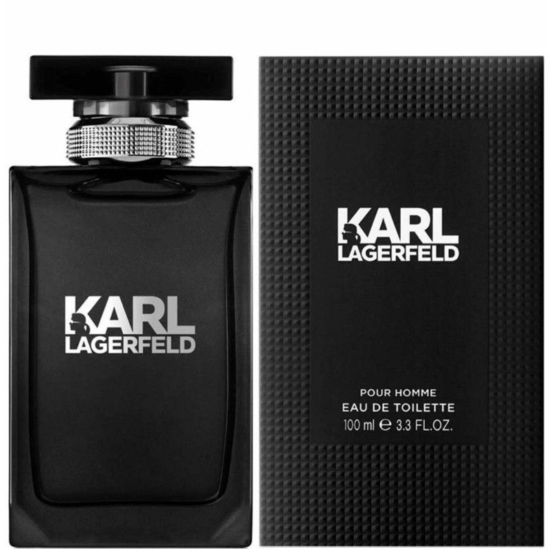 Flacone nero Karl Lagerfeld Eau de Toilette con scritta argentata e confezione abbinata.