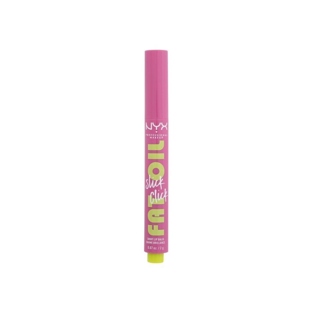 Stick olio labbra. Stick rosa con punta verde. Scritta: FAT OIL slick click, NYX Professional Makeup.