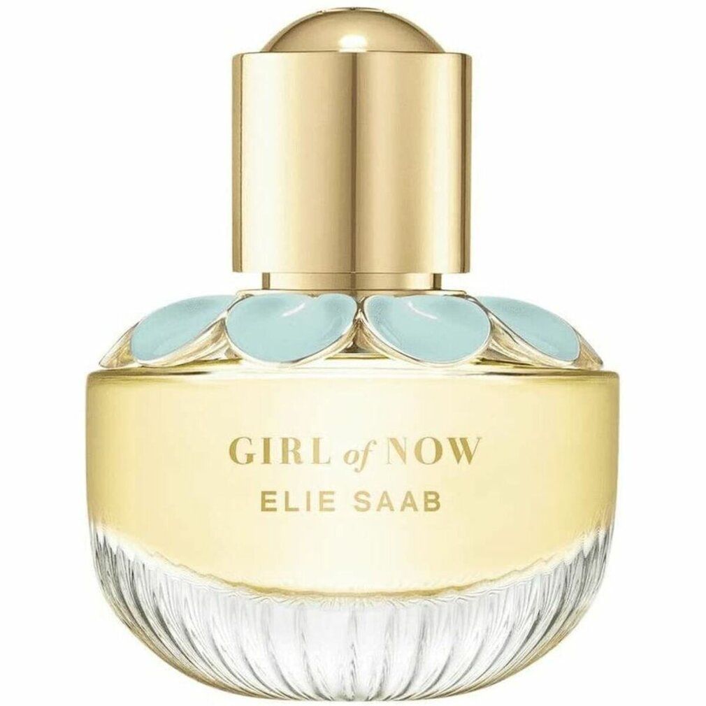 Elie Saab Girl of Now Edp Spray. Flacone con tappo dorato e fiori azzurri.