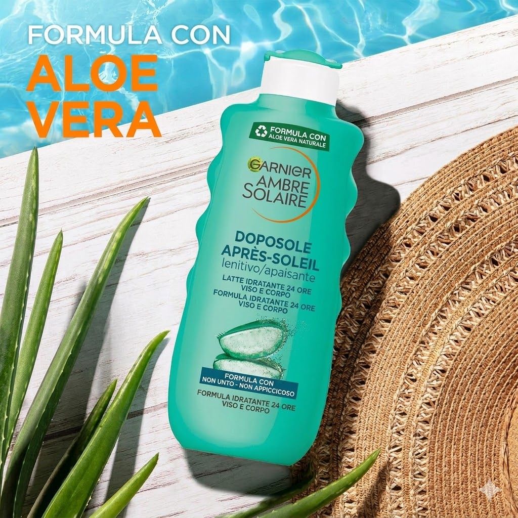 Garnier Ambre Solaire Doposole. Bottiglia verde con Aloe Vera. Testo: Lenitivo, 24h idratazione, non appiccicoso, formato famiglia.