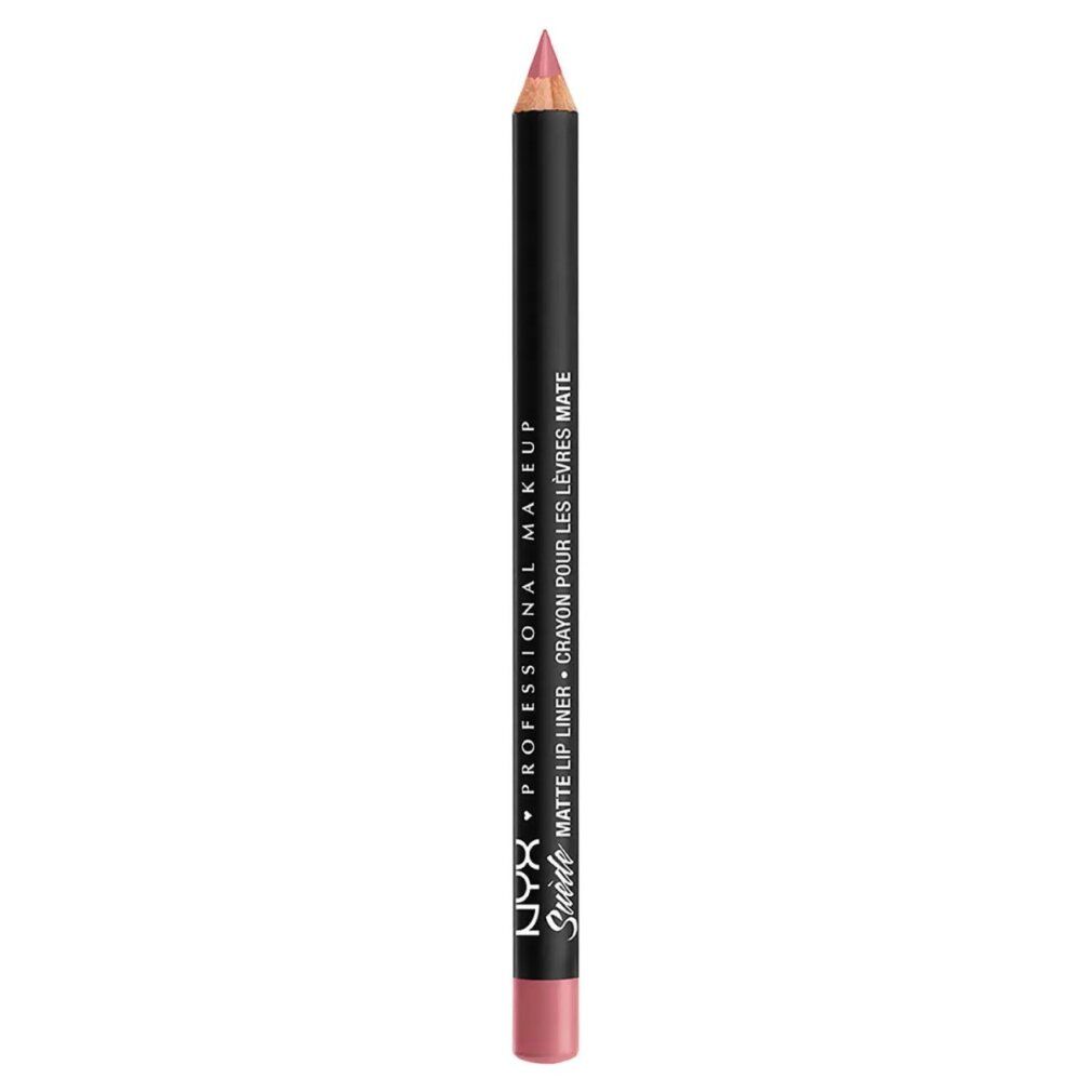 Matita labbra. Nera, punta rosa. Scritta: NYX PROFESSIONAL MAKEUP, SUEDE MATTE LIP LINER, CRAYON POUR LES LÈVRES MATE.