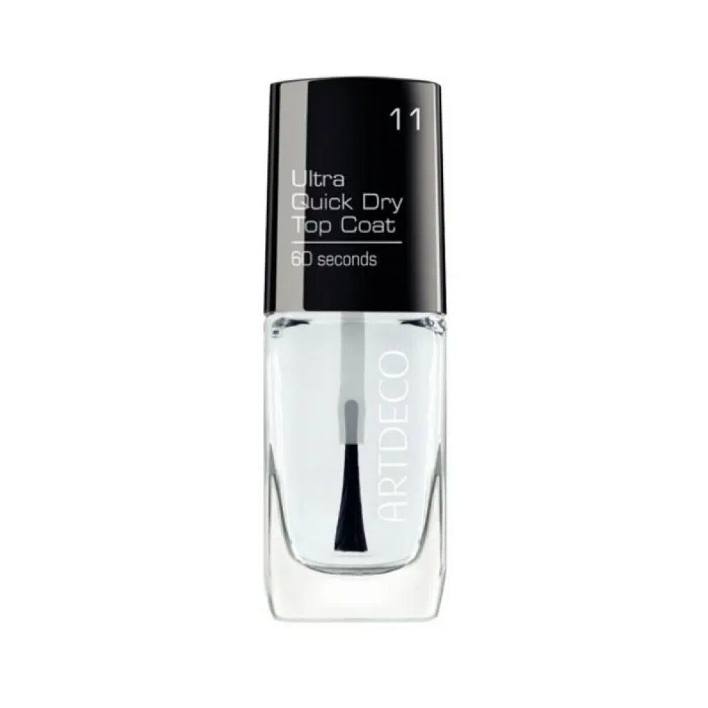 Flacone di smalto trasparente con tappo nero. Scritta: Ultra Quick Dry Top Coat, 60 seconds. Marchio: ARTDECO. Numero 11.