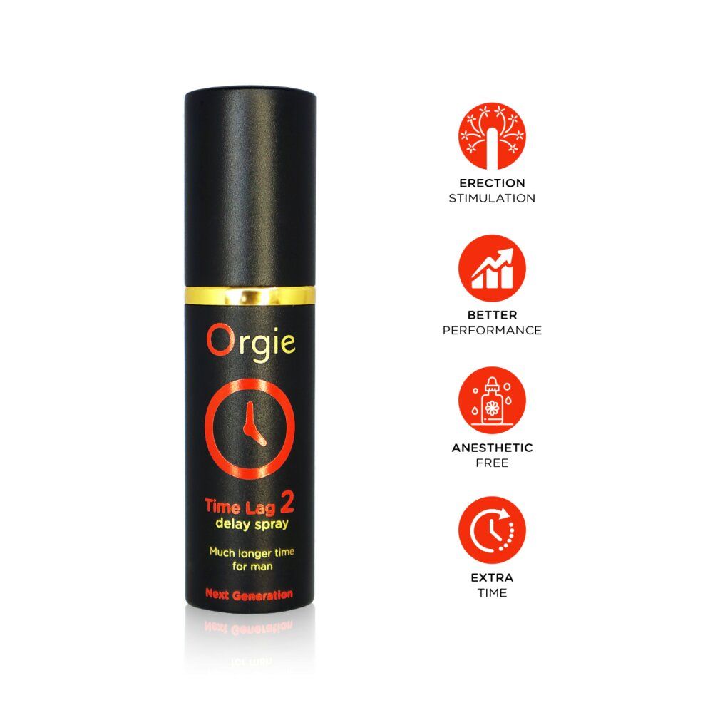 Flacone nero con anello dorato. Scritta: Orgie, Time Lag 2 Delay Spray. Logo arancione a forma di quadrante. Icone.