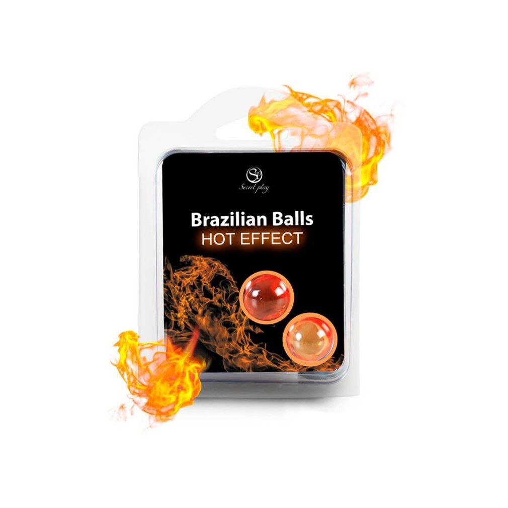 Due sfere in blister. Scritta: Brazilian Balls HOT EFFECT. Grafica fiamme. Due sfere sfuse in basso.