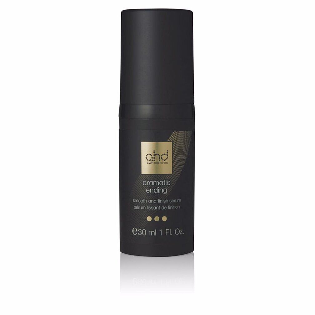 Flacone nero con dettagli dorati. Scritta ghd dramatic ending smooth & finish serum. Con dosatore e tappo. Capacità 30 ml.