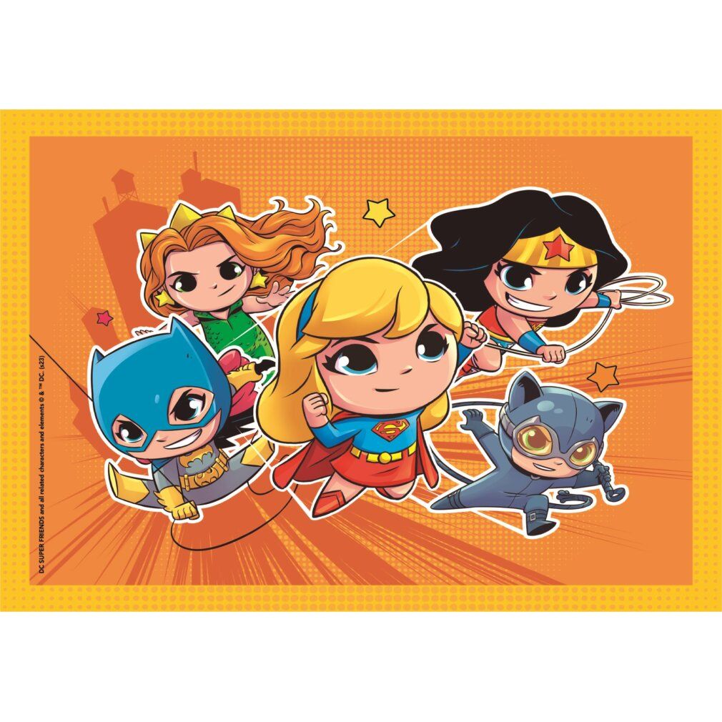Puzzle con supereroine. Cinque personaggi su sfondo arancione. Stelle e stile fumetto.