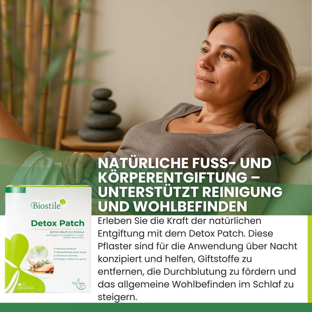 Donna rilassata, confezione Biostile Detox Patch in primo piano, testo sulla disintossicazione.