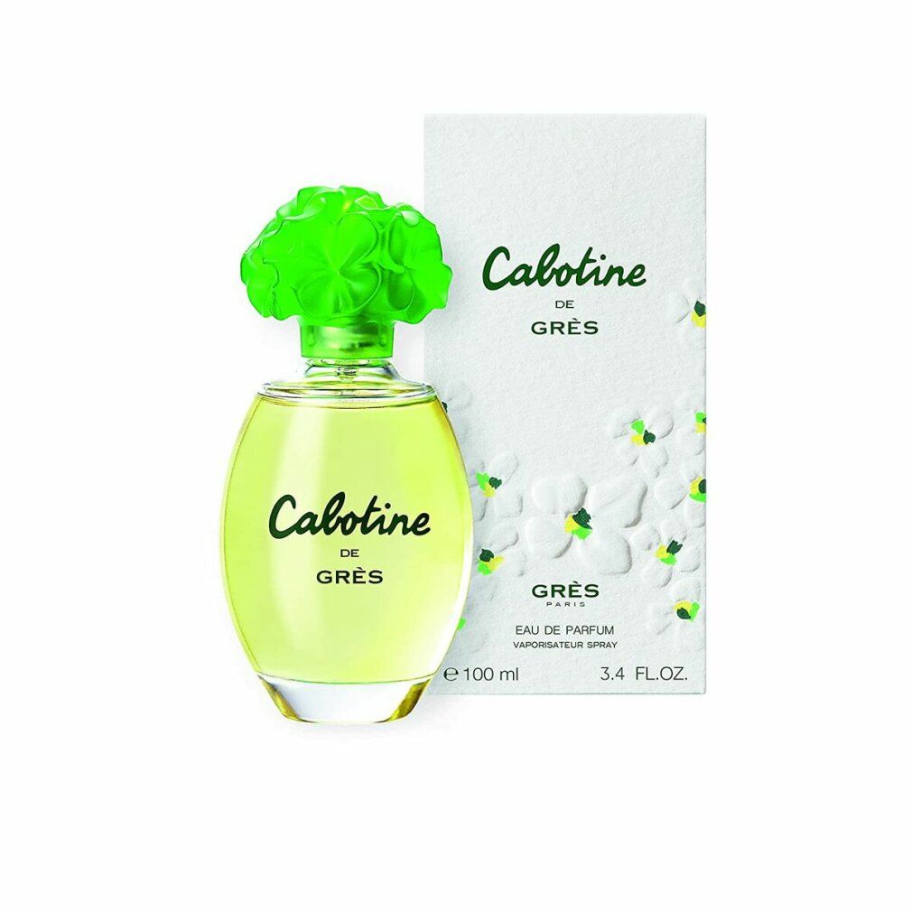 Flacone di profumo con tappo verde e scatola. Scritta: Cabotine de Grès.