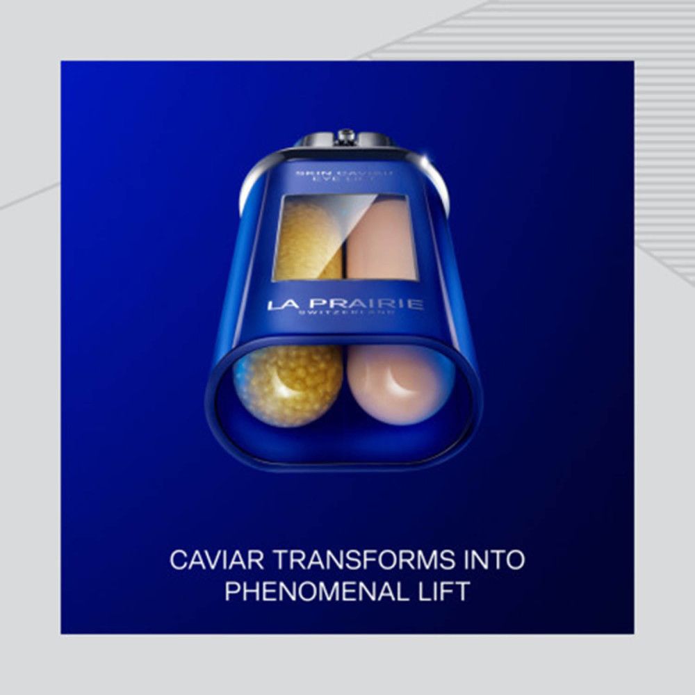 Prodotto blu con perle dorate e crema. Testo: LA PRAIRIE SWITZERLAND. Scritta: CAVIAR TRANSFORMS INTO PHENOMENAL LIFT.