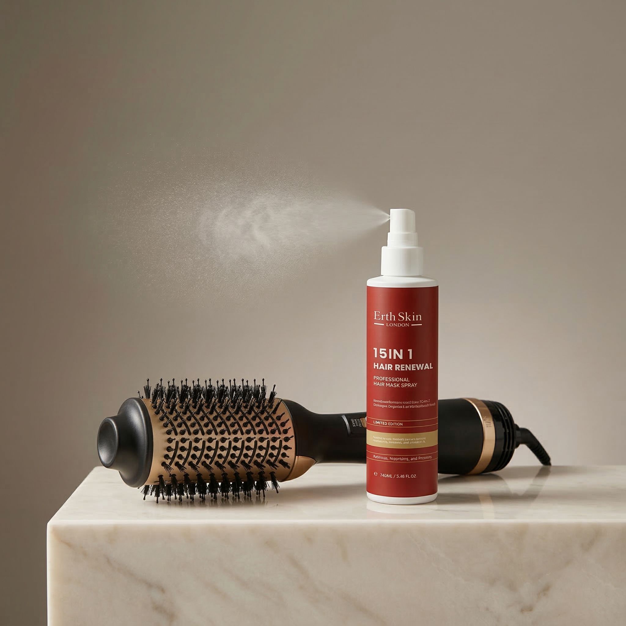 Spazzola asciugacapelli e spray per capelli su superficie in marmo.