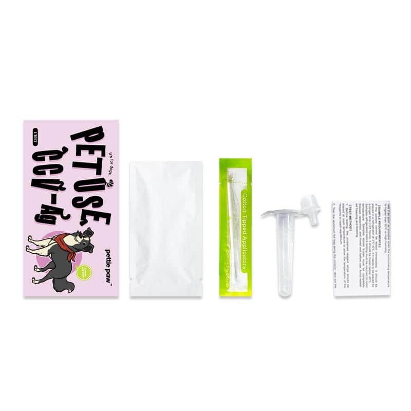 Contenuto di un kit di test rapido antigenico per cani: confezione, test, provetta, tampone.