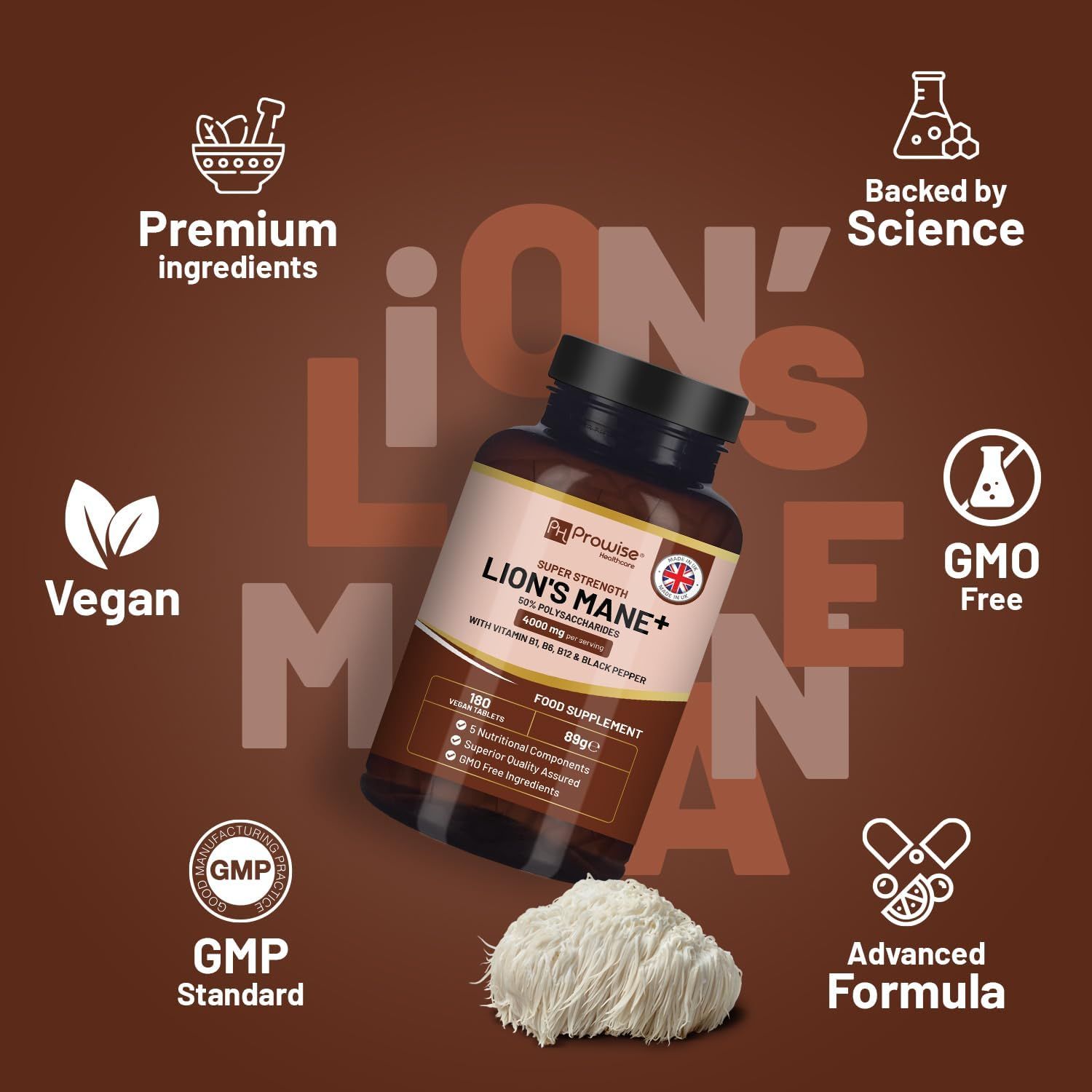 Flacone marrone con capsule. Testo: Prowise Lion's Mane+, 50% polisaccaridi, vegano, senza OGM, standard GMP, formula avanzata.