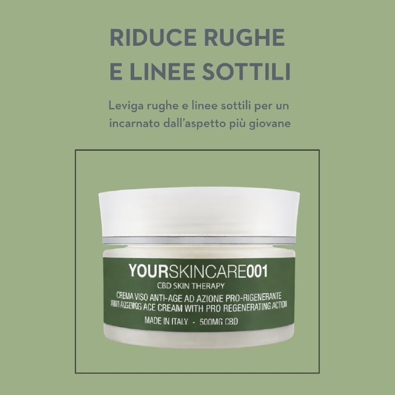 Vasetto di crema con coperchio bianco. Etichetta con 'YOURSKINCARE001', 'CBD SKIN THERAPY', 'CREMA VISO ANTI-AGE AD AZIONE PRO-RIGENERANTE', 'MADE IN ITALY - 500MG CBD'.