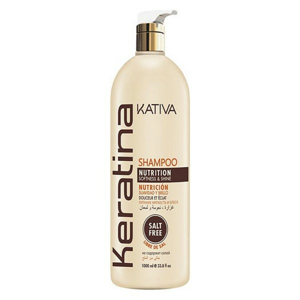 Flacone di shampoo beige con dosatore. Scritta: Kativa Keratina Shampoo, Nutrition, Softness & Shine. Senza sale.
