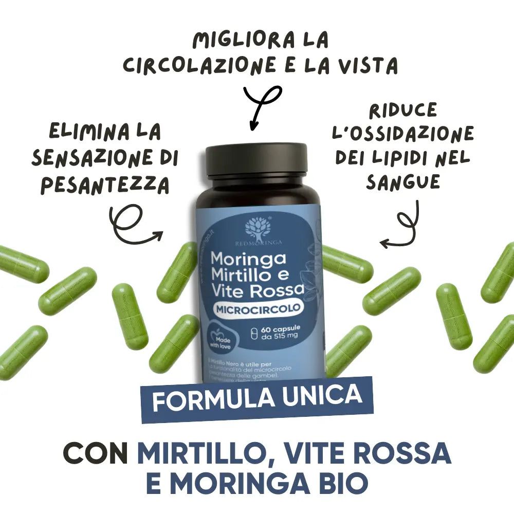 Flacone con capsule verdi. Testo: Formula unica. Contiene Mirtillo, Vite Rossa e Moringa Bio. 60 capsule.