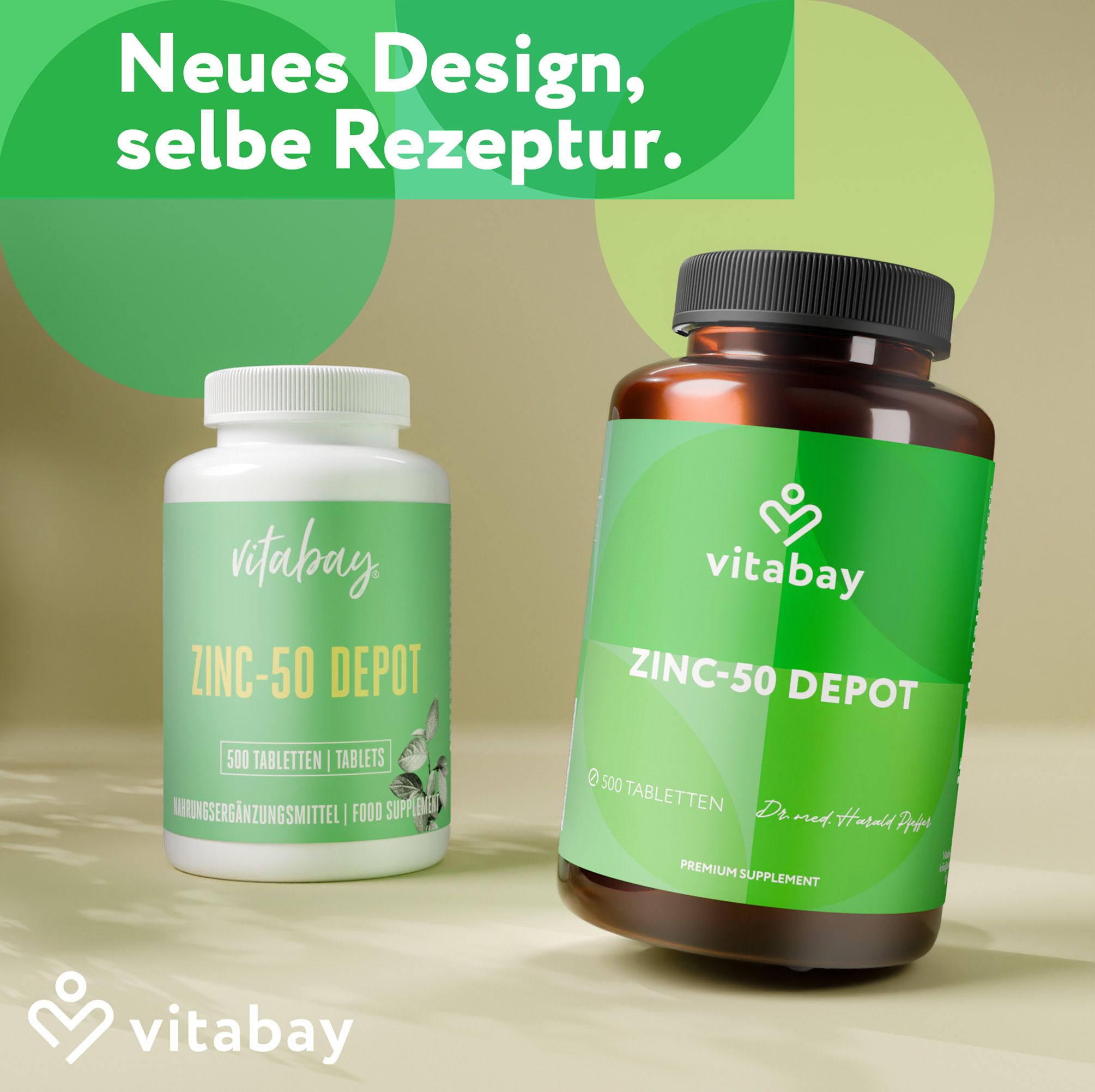 Due flaconi "Vitabay Zinc-50 DEPOT". Uno bianco, uno marrone. Testo: "Nuovo design, stessa ricetta".