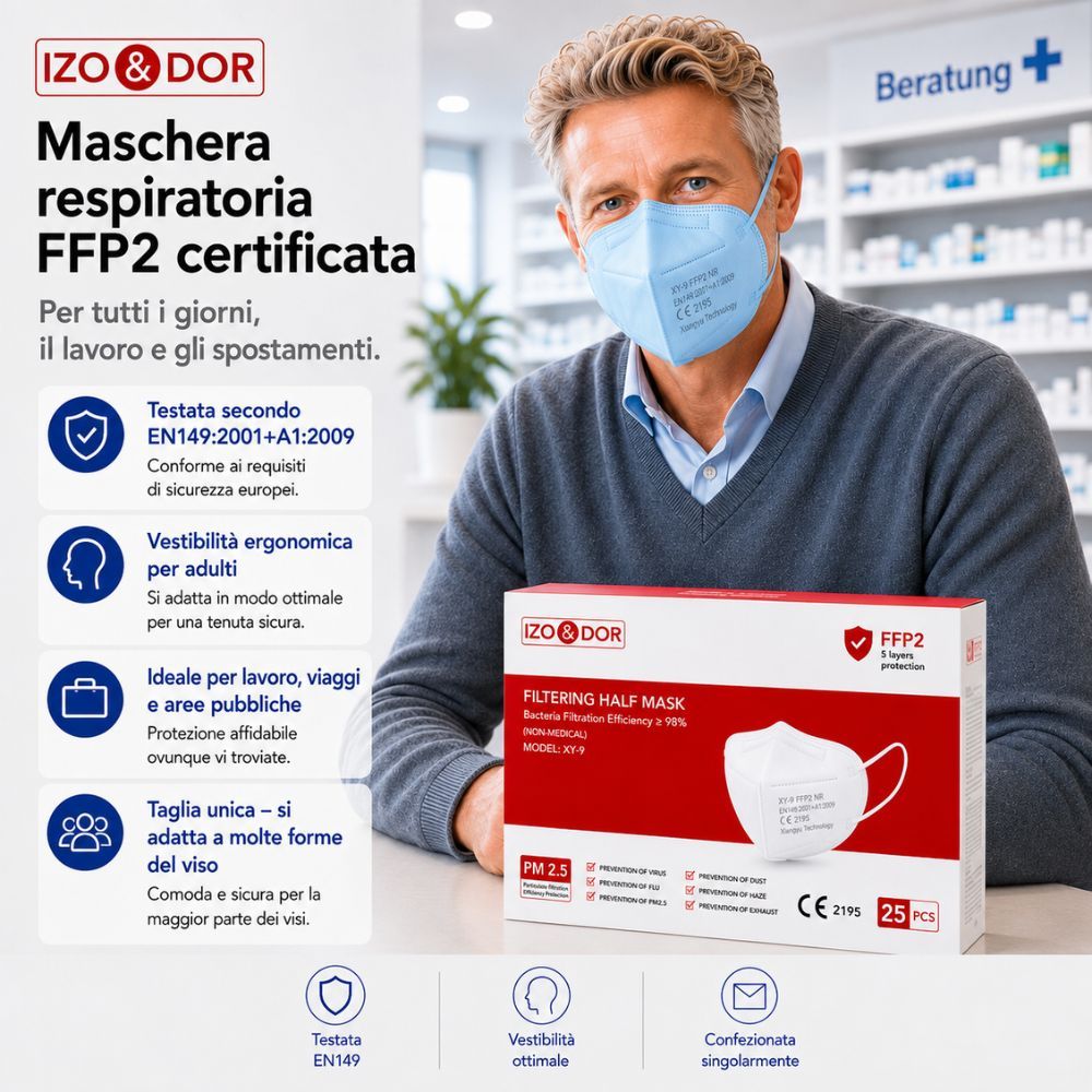 Uomo con mascherina FFP2 NR azzurra. Testata EN149, vestibilità ergonomica, ideale per uso quotidiano, lavoro, viaggi.