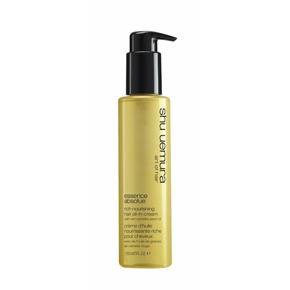 Flacone dorato con erogatore nero. Scritta: Shu Uemura, Essence Absolue, Rich Nourishing Hair Oil-in-Cream.