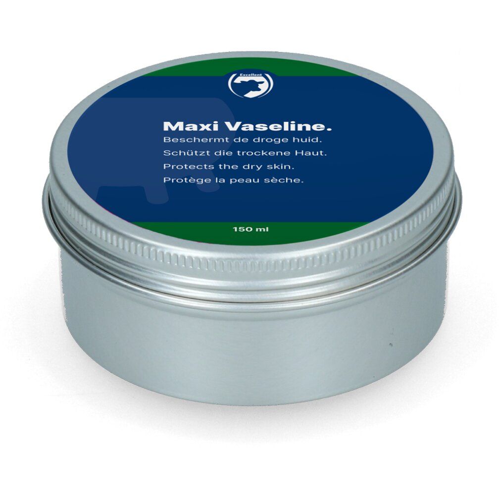Latta rotonda aperta con Maxi Vaseline. Superficie blu con testo in più lingue. 150 ml.