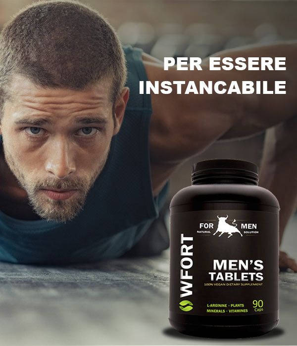 Flacone nero con "MEN'S TABLETS" e un uomo sullo sfondo. Contiene 90 capsule.