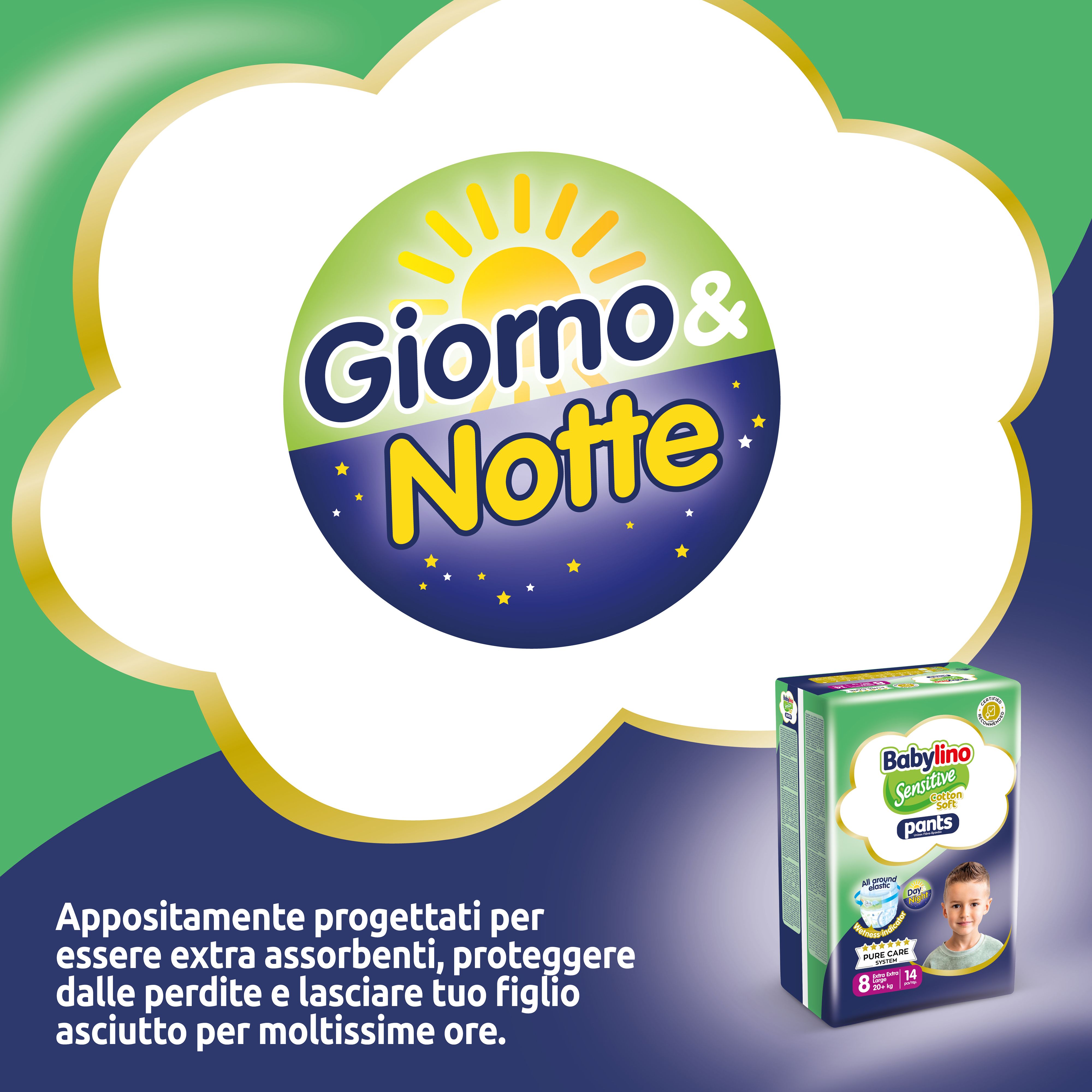 Babylino Sensitive Pants. Giorno & Notte. Immagine del prodotto. Confezione.