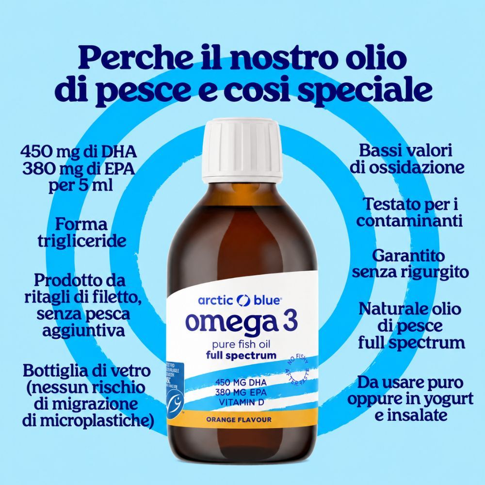 Flacone di olio di pesce Arctic Blue Omega 3, 450mg DHA, 380mg EPA, Vitamina D, gusto arancia.