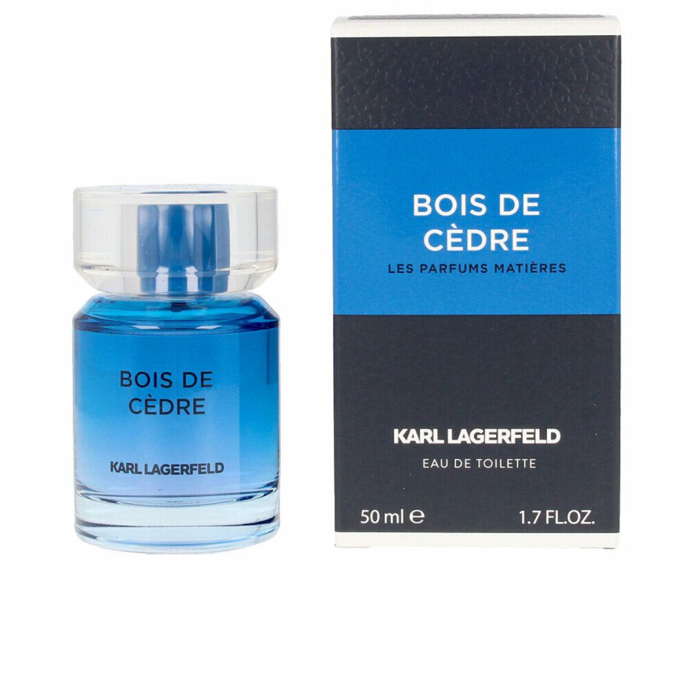 Flacone e scatola. Scritta: BOIS DE CÈDRE, KARL LAGERFELD, Eau de Toilette. 50 ml, 1.7 FL.OZ.