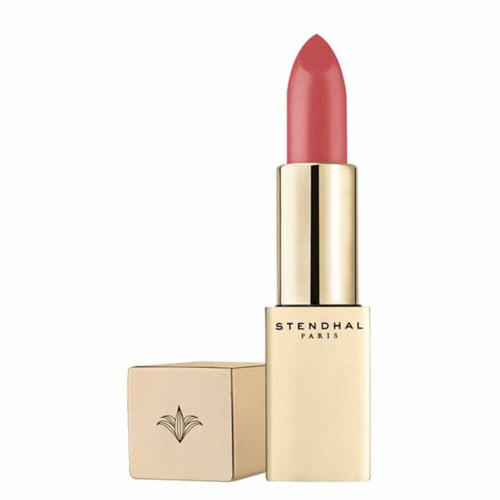 Rossetto rosa in un astuccio dorato con cappuccio aperto. Marchio Stendhal Paris visibile sull'astuccio. Rossetto a forma di goccia.