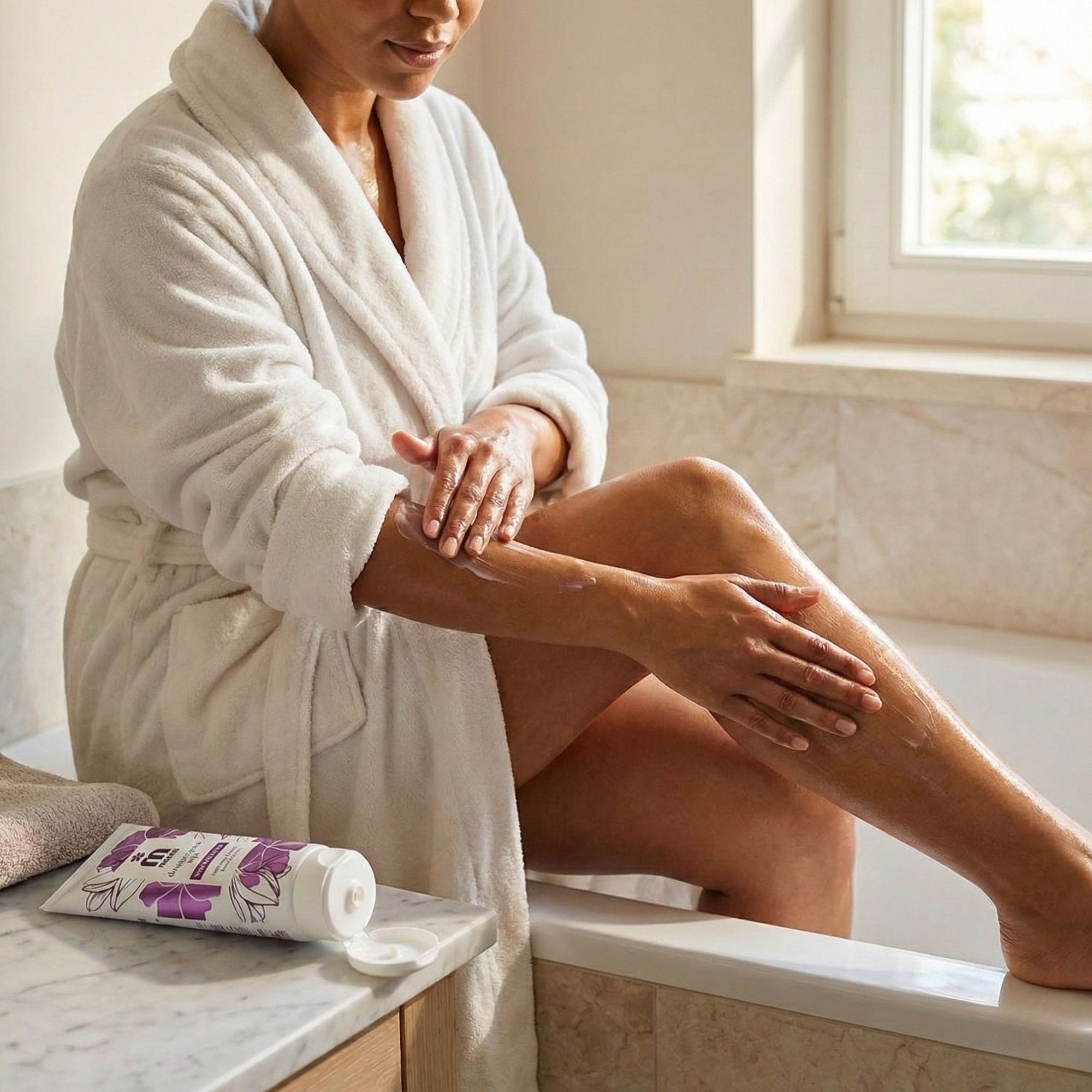 Donna in accappatoio applica la lozione. Tubo bianco con design floreale viola. Scritta: Melem, dragocjena ulja, Nourishing body lotion.