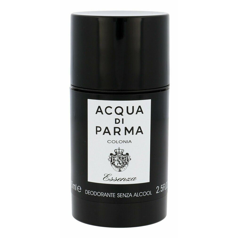 Stick deodorante nero con etichetta bianca. Scritta: Acqua di Parma Colonia Essenza, Deodorante Senza Alcool.