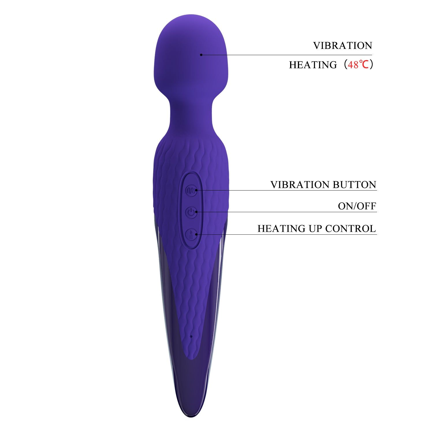 Vibratore viola con testa arrotondata e manico allungato. Etichette: Vibration, Heating (48°C), Vibration Button, On/Off, Heating Up Control.