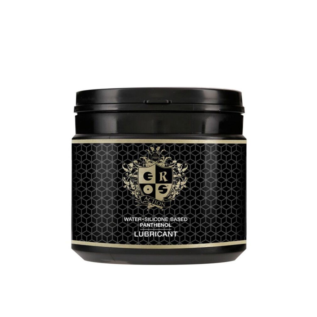 Contenitore nero con etichetta dorata. Testo: EROS Action, base acqua-silicone, pantenolo, lubrificante. Motivo geometrico.