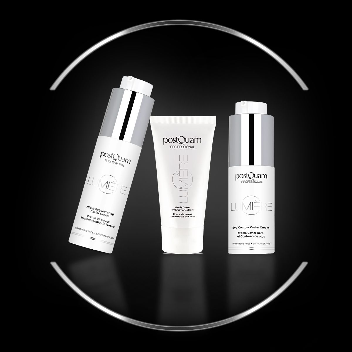 Tre prodotti su sfondo nero. Flaconi di crema e tubetto. Scritta: PostQuam, Lumière, Eye Contour Caviar Cream, Night Cream.