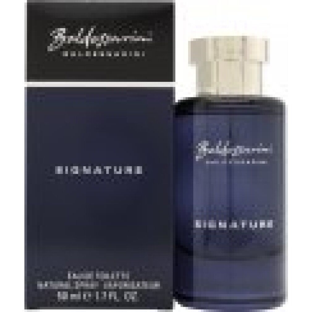 Flacone e scatola blu scuro. Scritta: Baldessarini Signature. Eau de Toilette. Natural Spray.
