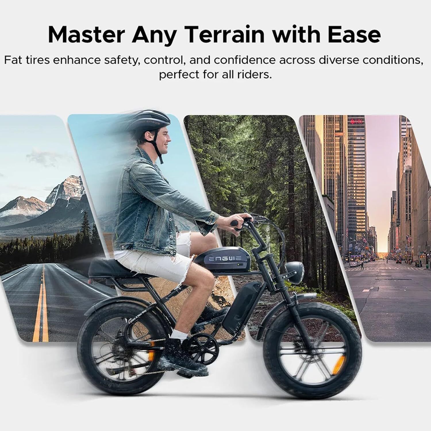 E-bike nera con ciclista. Testo: "Master Any Terrain with Ease". Sfondo: strada, foresta, città.