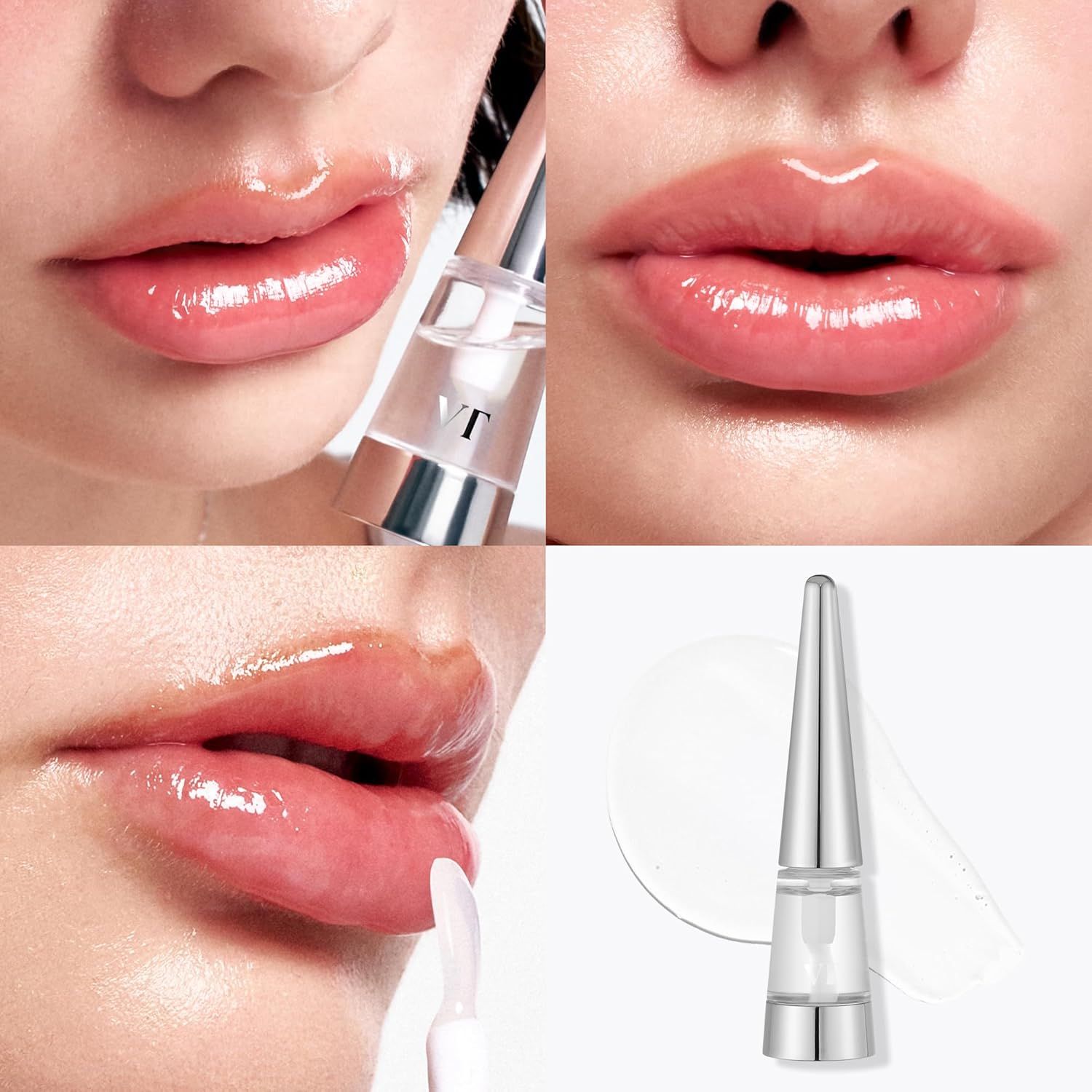 Diverse immagini mostrano labbra con e senza lip plumper. Prodotto e applicatore.