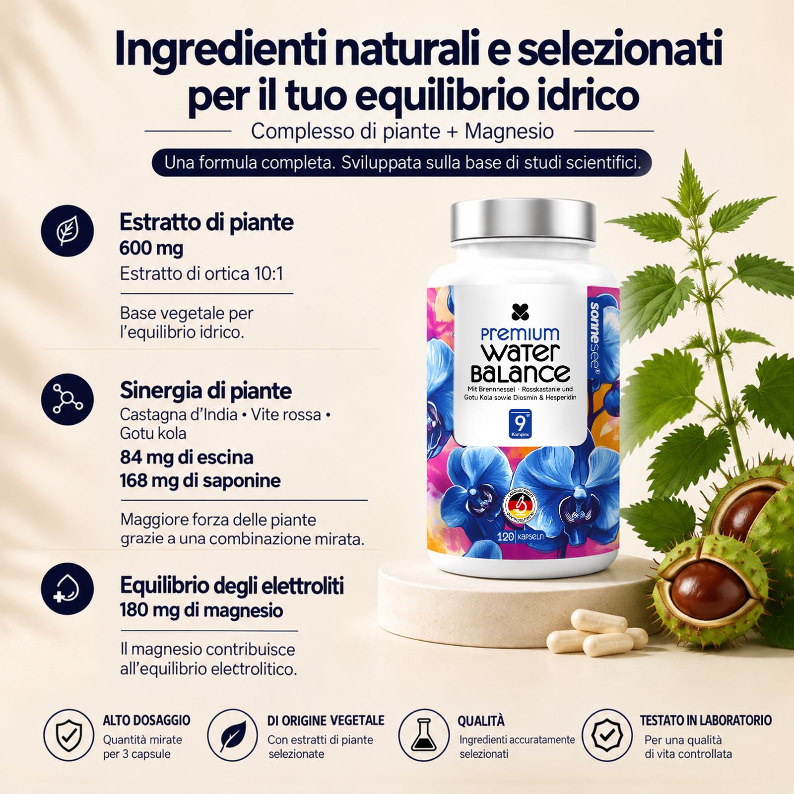 Flacone Sonnesee Wasserbalance con bicchiere d'acqua e capsule, 120 pezzi.
