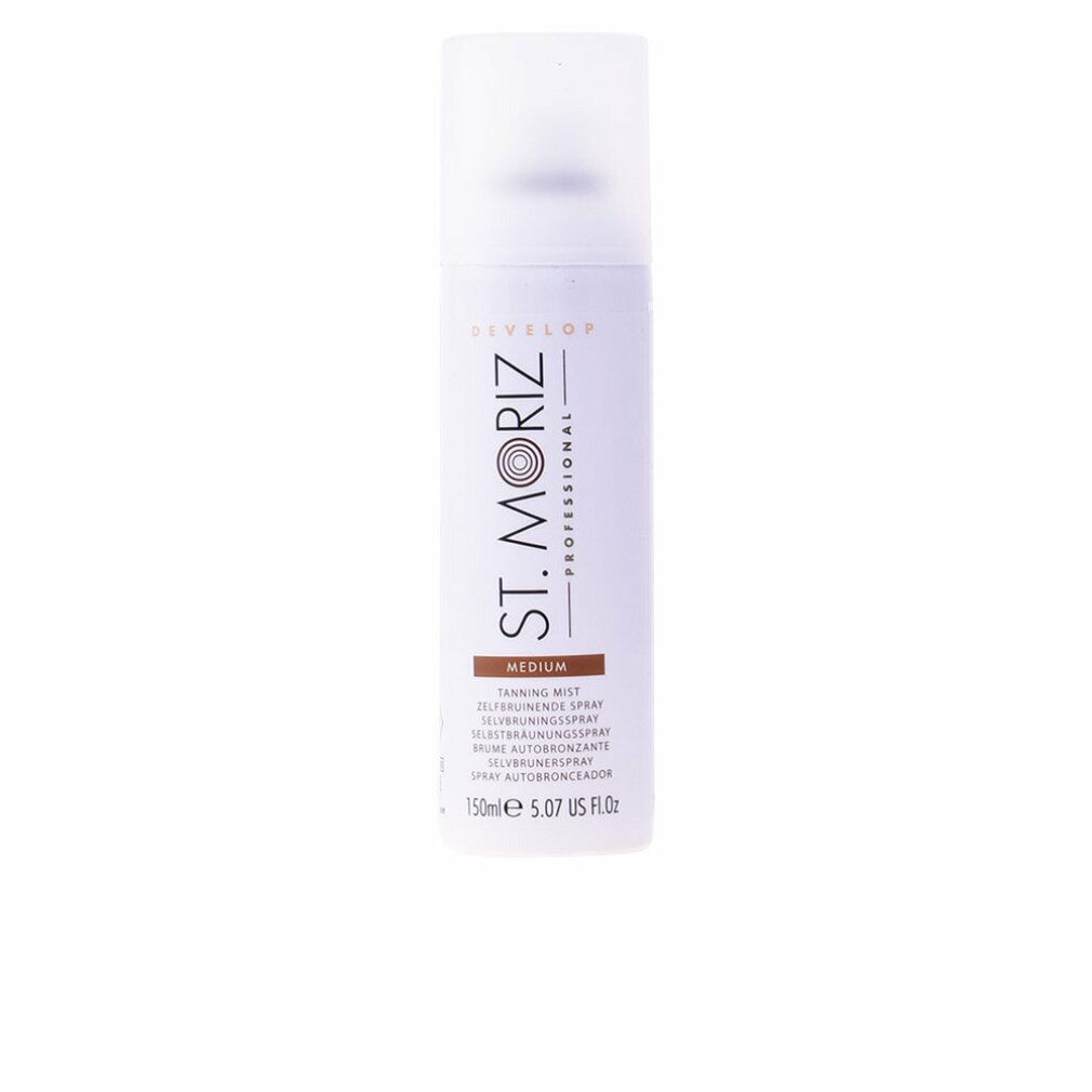 Spray autoabbronzante St. Moriz. Flacone bianco con testo marrone e nero. Visibili "Medium" e "150ml".