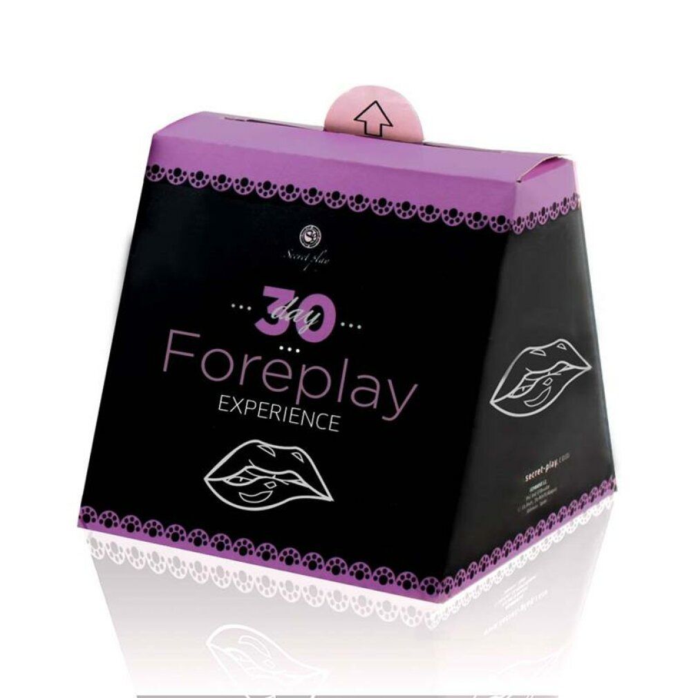 Scatola trapezoidale '30 Foreplay EXPERIENCE'. Base nera, coperchio viola. Illustrazioni di labbra. Logo del marchio. Testo in inglese.