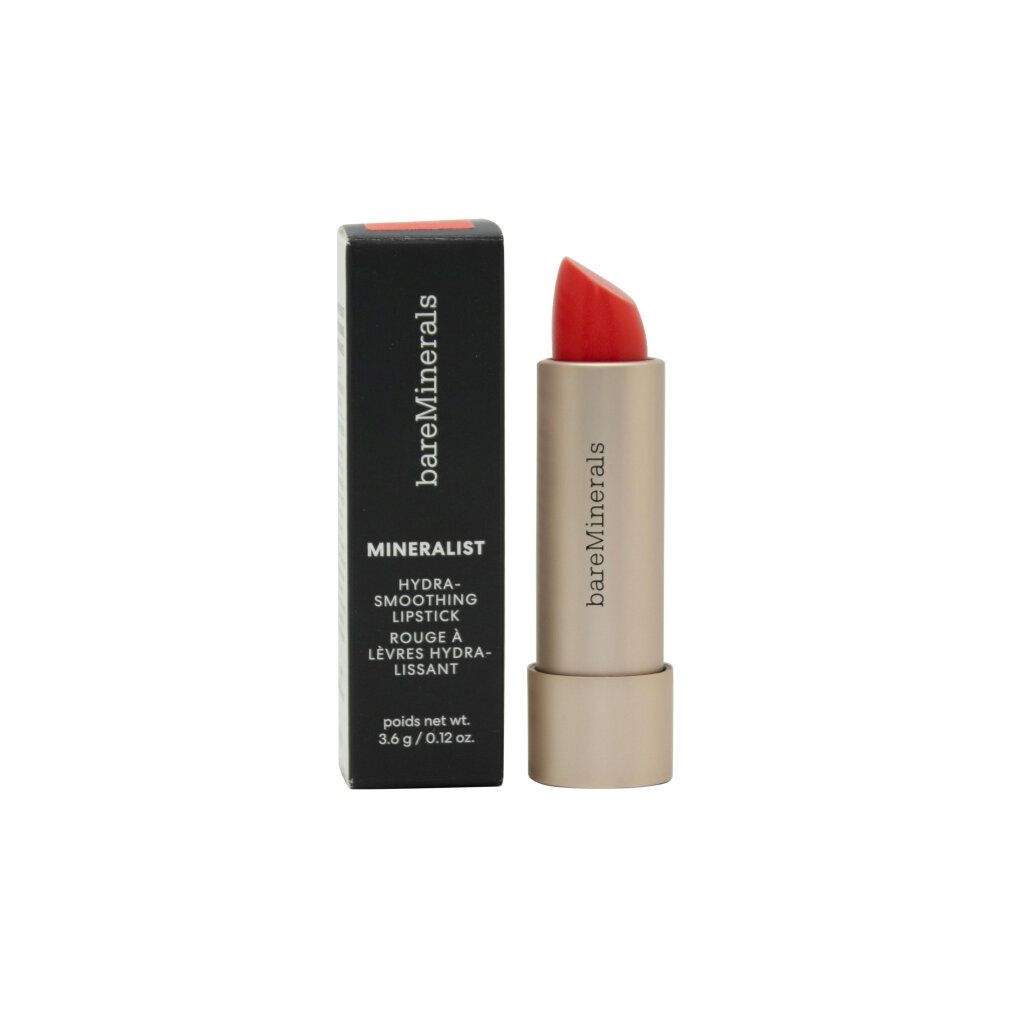 Rossetto rosso accanto alla confezione nera. Testo: MINERALIST, rossetto idratante. Marchio: bareMinerals.