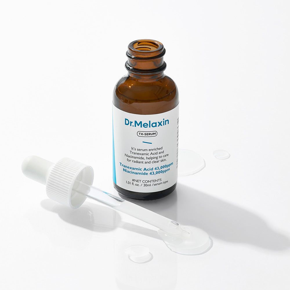 Flacone di Dr. Melaxin TX Siero con contagocce rimosso. Vetro marrone con etichetta bianca.