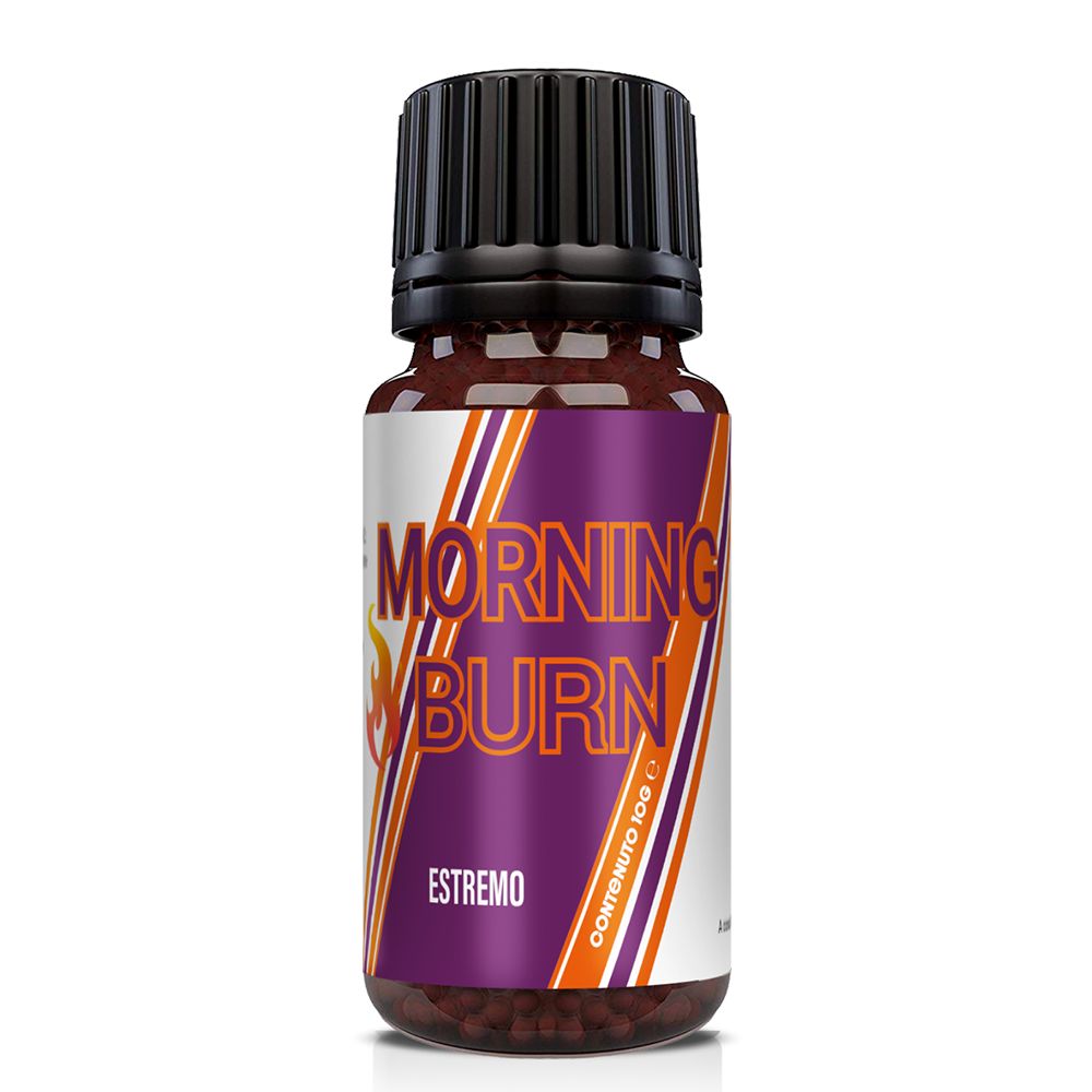 Flacone di vetro marrone con tappo nero. Scritta: MORNING BURN, EXTREMO, CONTENIDO 10G. Strisce arancioni e viola.