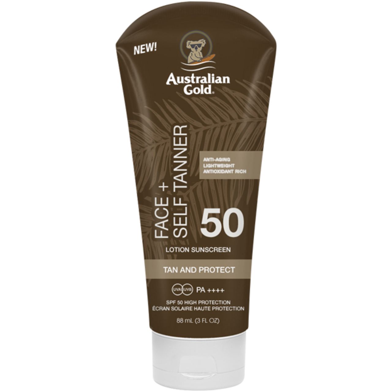 Tubo marrone "Australian Gold Face + Self Tanner 50". Testo: "Lotion Sonnenschutz", "Tan and Protect".