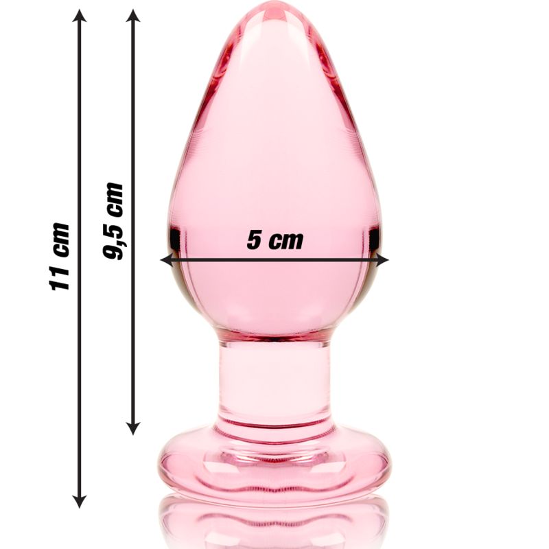 Plug anale in vetro rosa con dimensioni: 11 cm di lunghezza, 9,5 cm di lunghezza totale, 5 cm di larghezza.