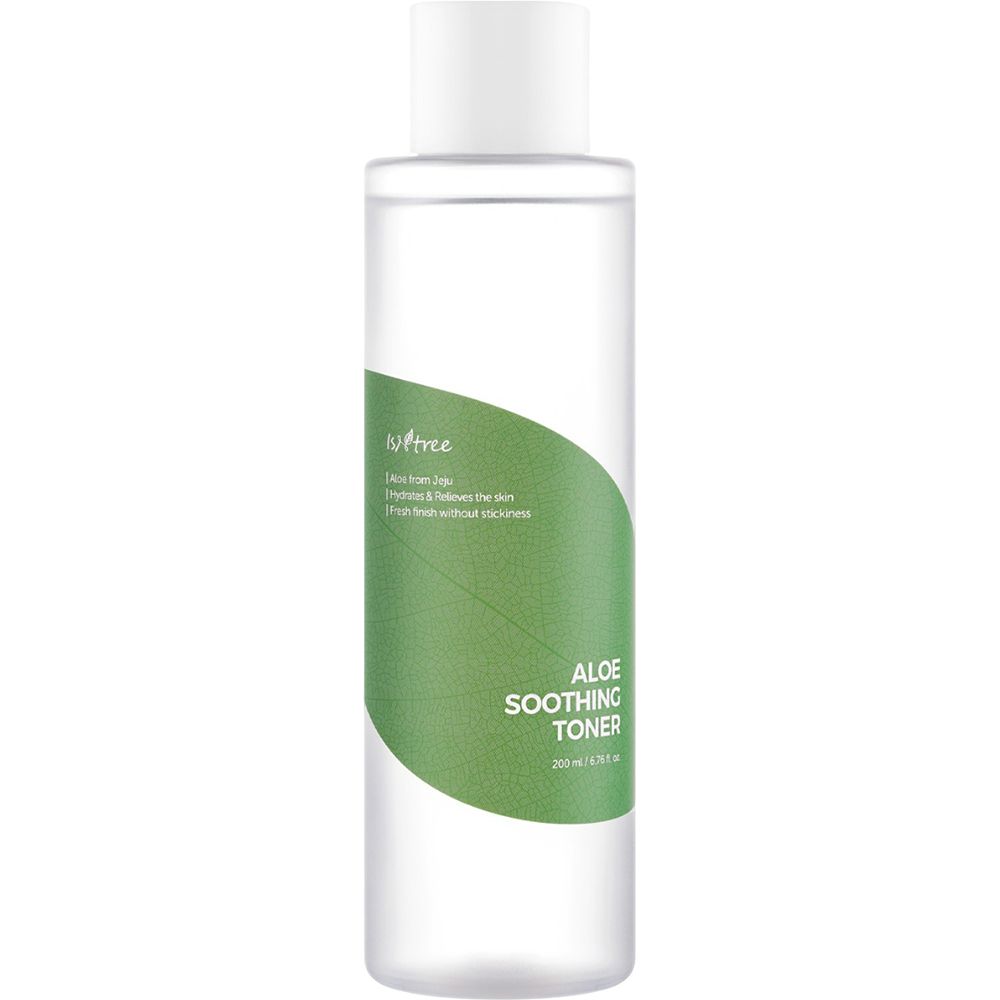 Flacone trasparente con tappo bianco. Etichetta verde con testo: Aloe Soothing Toner. Logo Isntree.