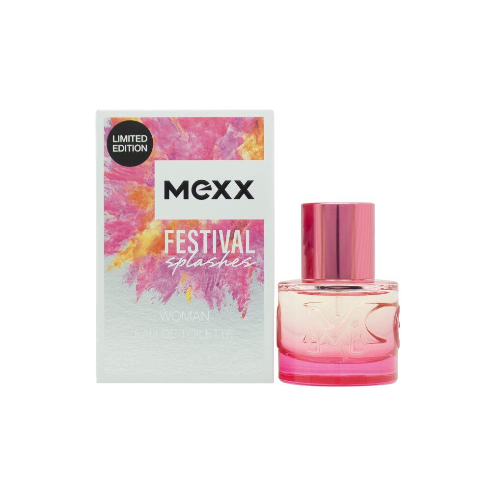 Mexx Festival Splashes Frau Eau de Toilette. Flacone e confezione. Colori rosa e argento. Edizione limitata.
