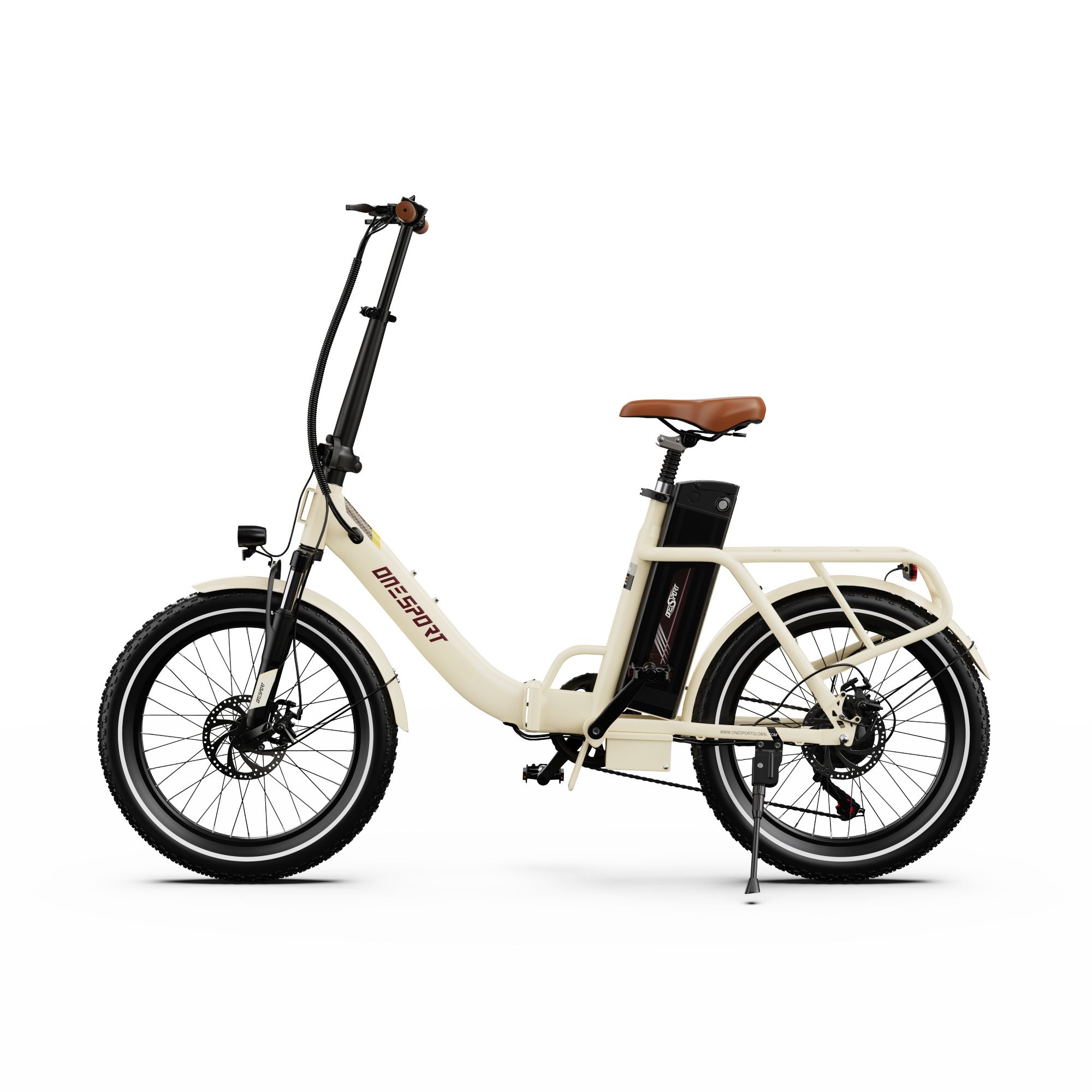 Bicicletta elettrica beige, sella e manubrio marroni. Logo ONESPORT. Pneumatici neri e batteria.
