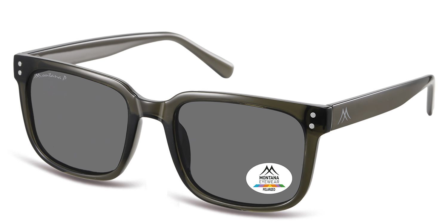 Occhiali da sole con lenti grigie. Montatura grigio-verde. Logo e adesivo polarizzazione sulla lente destra. Montana Eyewear.